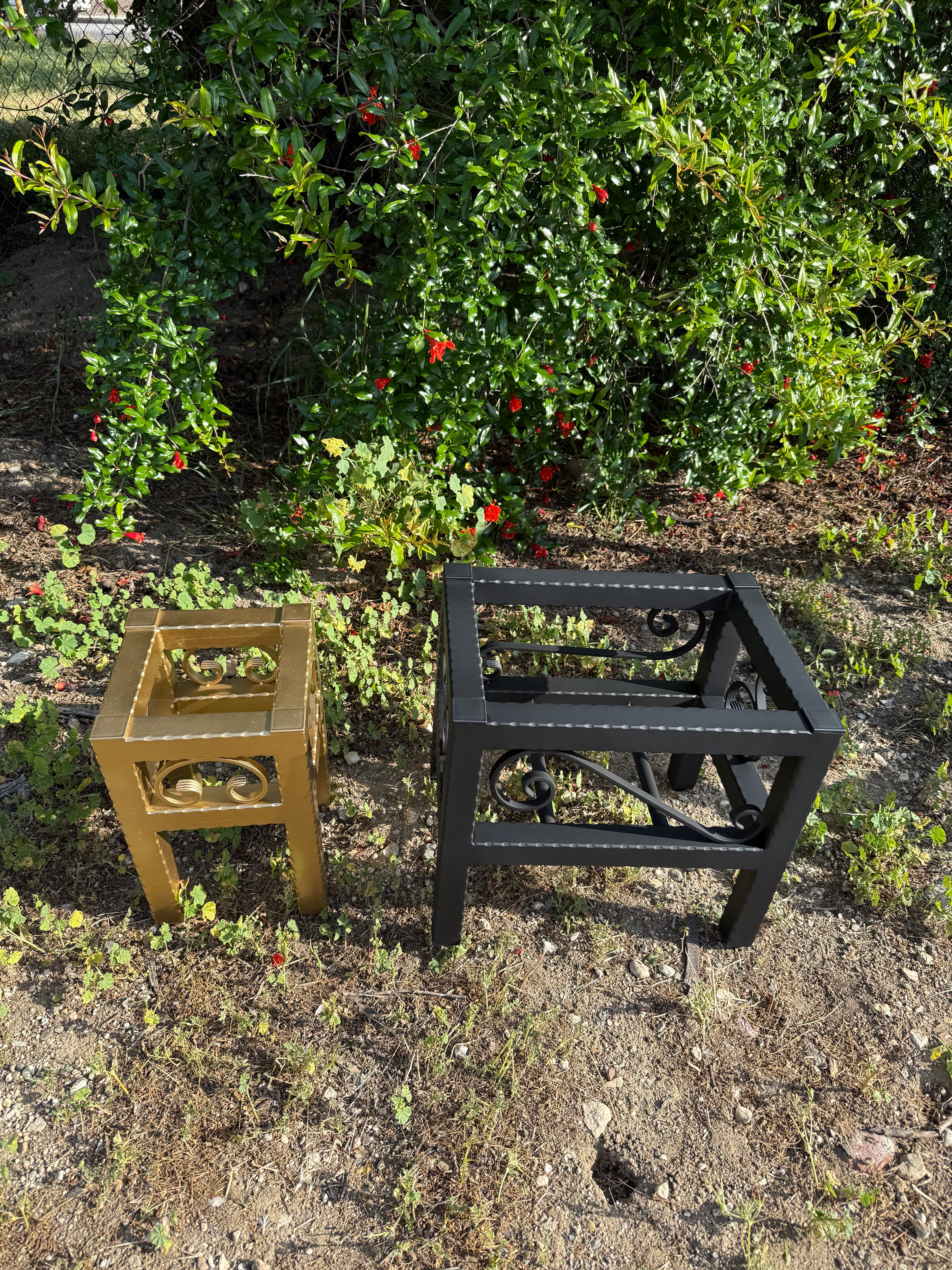 Medium & Small Hammered Steel Planter Stand Bundle — Made in the USA | Ornamental Iron Set