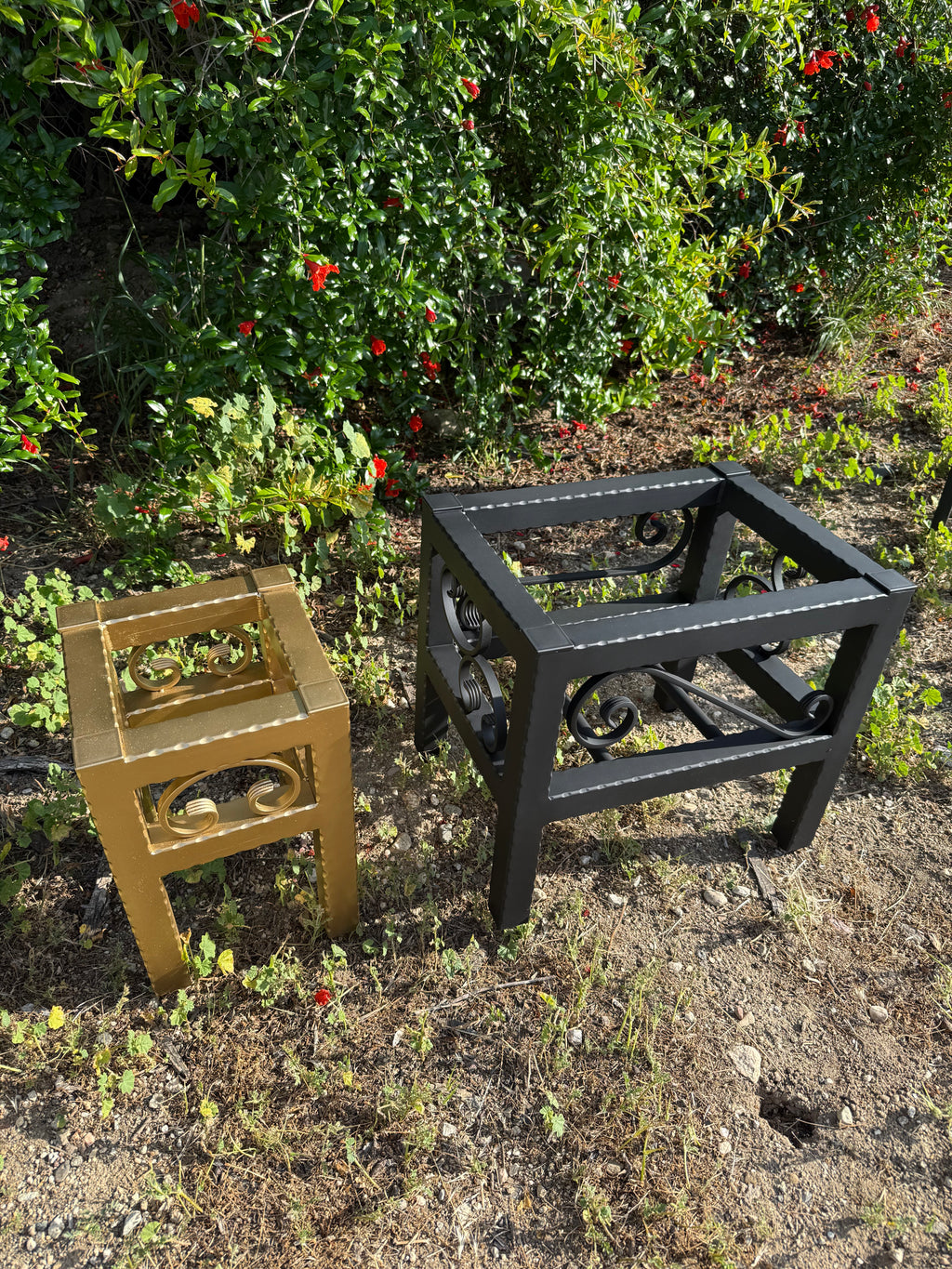 Medium & Small Hammered Steel Planter Stand Bundle — Made in the USA | Ornamental Iron Set