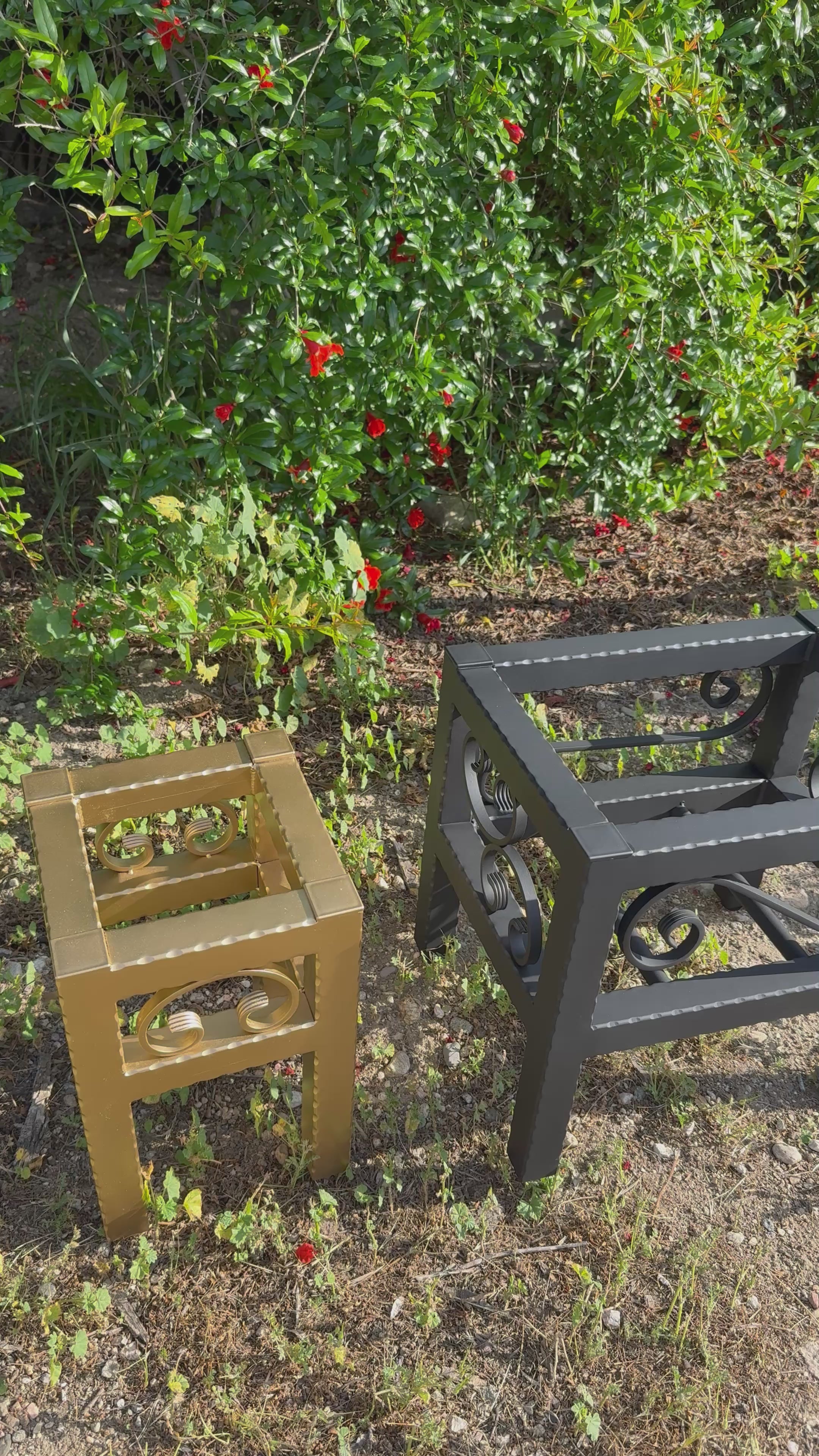 Medium & Small Hammered Steel Planter Stand Bundle — Made in the USA | Ornamental Iron Set