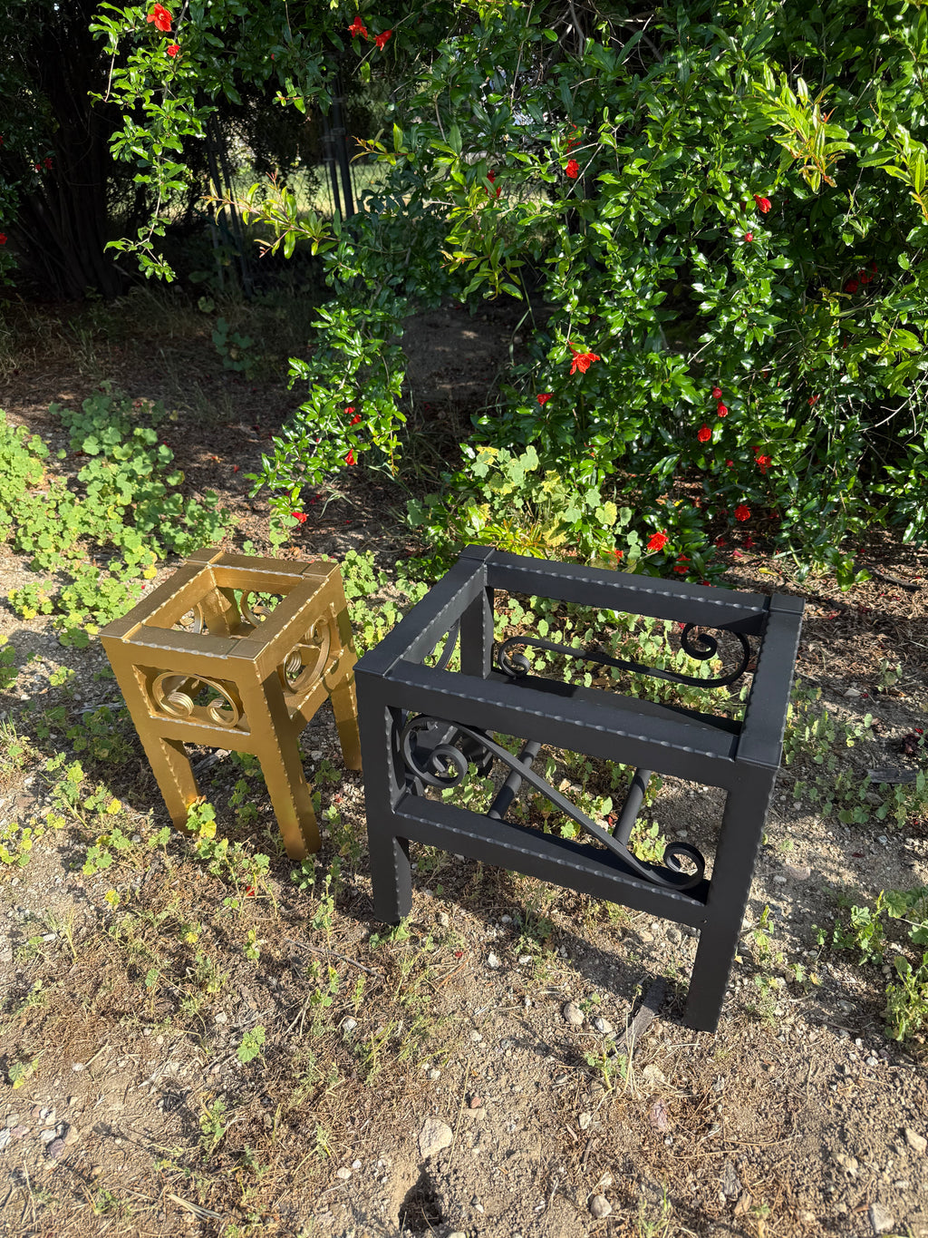 Medium & Small Hammered Steel Planter Stand Bundle — Made in the USA | Ornamental Iron Set