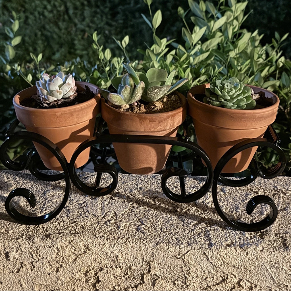 Triple C-Scroll Terracotta Metal Planter Stand
