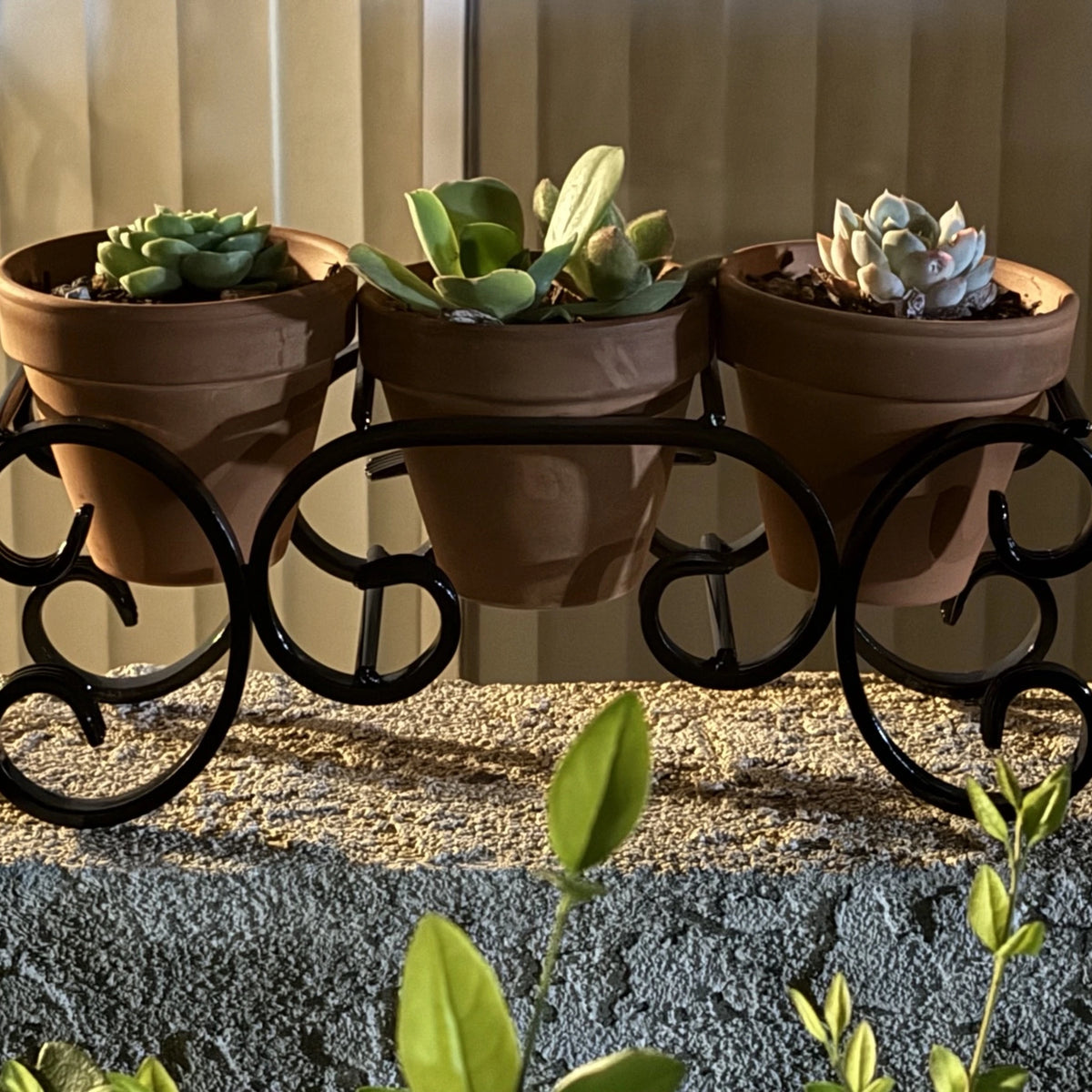 Triple C-Scroll Terracotta Metal Planter Stand