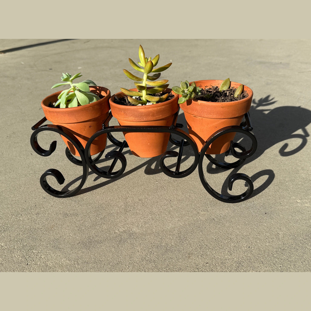 Triple C-Scroll Terracotta Metal Planter Stand